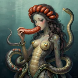 medusa with bratwurst instead of snakes, bratwurst hair, photorealistic, illustration, intricate details, masterpiece