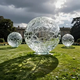 large glass sculptures on a formal lawn, photography, realistic, detailed