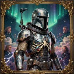 a detailed profile airbrush painting of a skeleton in a space armour, cinematic sci-fi poster. technology flight suit, bounty hunter portrait symmetrical and science fiction theme with lightning, aurora lighting clouds and stars by beksinski carl spitzweg and tuomas korpi. baroque elements. baroque element. intricate artwork by caravaggio. Trending on artstation. 8k