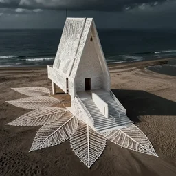 a beach, made of intricate decorative lace leaf skeleton, shot from a drone, in the style of the dutch masters and gregory crewdson, dark and moody