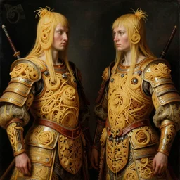 siamese twins made of spaghetti, intricate armor made of spaghetti fractals, ancient warrior, samurai style, by giuseppe arcimboldo and ambrosius benson, renaissance, intricate and intense oil paint, a touch of beksinski and hr giger, realistic