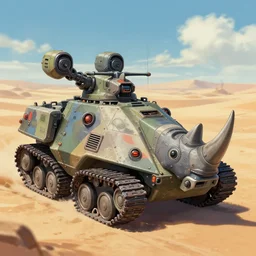 colored and textured 3 d model of a rhino shaped battle veichle designed by the military. futuristic stramline design. brutally armed and armored. shapes influenced by warhammer 4 0 k. biomechanical siege rhino conceptart by clogtwo and ghibli studios. old retrofuturiatic scifi anime style. blurry windy desert background. by greg rutkowski