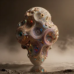 giant iridescent abstract cyber monolith sculpture on the moon, foggy, moody, warm tones, water reflection : : by jeff koons, dan mcpharlin daniel merrian : : ornate, dynamic, particulate, rich colors, intricate, elegant, highly detailed, centered, artstation, smooth, sharp focus, octane render, 3 d