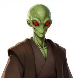 star wars portrait by ayami kojima, humanoid alien olive green skin, bald, red round eyes, wearing robes, sharp foccus, artstation hq.