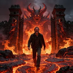 ( a screaming man walks on lava towards the gates of hell ) by jason edmiston, photorealistic, dynamic lighting, very detailed faces, trending on artstation, wallpaper, dream, 4 k, award winning, vivid colors, beautiful fire