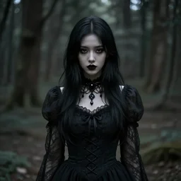 photogenic gothic young woman with black hair in dark forest, 8 k, portrait