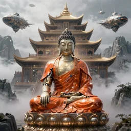 a single detailed robotic buddha with an orange robe, mystic atmosphere, a detailed metallic temple on a misty mountain, shiny reflections, high detailed robotic airships, volumetric fog, perspective painting, atmospheric shot, cinematic establishing shot, in the style of greg rutkowski, in the style of james gurney, artstation, unreal engine, maya