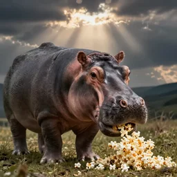 a hippopotamus eating popcorn