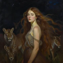 by rui palha, by abbott fuller graves cgi. a beautiful painting of a woman with long flowing hair, wild animals, & a dark, starry night sky.