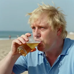 film still close - up shot of boris johnson drinking a beer on the beach from the movie monty python's the meaning of life. photographic, photography