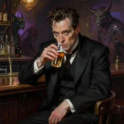 matte painting character illustration of john constantine sitting down on a barstool at a dive bar in london drinking, digital painting, illustration, constantine, john singer sargent, magical creatures in the background, amazing values, 8 k, gothic, realistic face details, symmetrical face details, realistically rendered face, photorealistic eyes, moody lighting