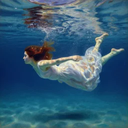 girl in a long dress swimming underwater, caustics, surreal underwater photography, oil painting by Boldini