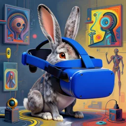 rabbit groot blue vr glasses headset by artstation, cables background, deviantart, artfol, artbox, cgsociety, gfxartist, artful, zatista, artpal, instagram, blendernation, frank stella, beeple, giger, kopera, zawadzki, abstract, surrealism, hyperrealism, futurism 4 k, octane