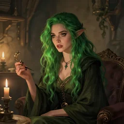nathalie emmanuel as a fantasy female witch, green hair, cozy atmosphere, highly detailed, qichao wang, artgerm, cushart krenz, zeronis, trending on artstation, soft light, sharp edges, illustration, character design, concept art