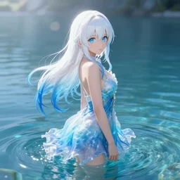 a very beautiful anime girl wearing a dress made of water standing in a crystal lake , full body, long white hair with azure blue highlights blending into the dress , azure blue watery eyes, full round face, seductive over the shoulder glances , lens flare, cinematic lighting, medium shot, mid-shot, highly realistically detailed, trending on pixiv , Unreal Engine 4k, Stanley Artgerm Lau, WLOP, Rossdraws, James Jean, Andrei Riabovitchev, Marc Simonetti, and Sakimichan