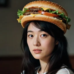A Japanese woman with a hamburger for a head, portrait, Taschen, by David Bailey