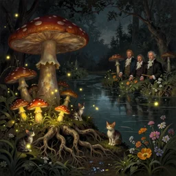 a beautiful digital illustration painting of a detailed fantasy fireflies lake and roots, dark mushroom, speckled mushroom, kittens, flowers by benoit b. mandelbrot, steven belledin, martin johnson heade, lee madgwick, caspar david friedrich, and david rios ferreira. 8 k resolution trending on artstation concept art digital illustration