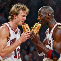 portrait of larry bird and michael jordan sharing hotdogs, an oil painting by ross tran and thomas kincade