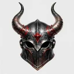 An ornate front facing daedric helm with large horns, Black steel with red trim, intricate, elegant, highly detailed, digital painting, artstation, concept art, smooth, sharp focus, illustration, art by anato Finnstark and Peter mohrbacher,
