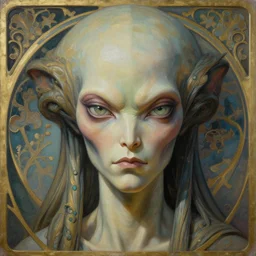 beautiful and exotic alien queen bust portrait, glowering judging eyes, art nouveau declotage, perfect symmetrical facial features, hyperrrealistic bone structure, extremely hyperdetailed, mixed media painting, unreal engine, 8 k, octane, 8 mm, by travis charest, rodney matthews and chris achilleos
