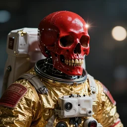 ornate red bone skull in astronaut suit, gold linens, cinematic lighting, dramatic,  octane render, long lens, shallow depth of field, bokeh, anamorphic lens flare, 8k, hyper detailed