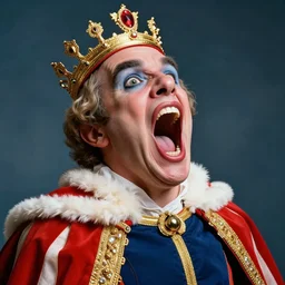 a perfect majestic portrait photograph of a distorted, contorted human monarch ludicrously inflated almost to bursting. their gaping mouth is blasting colored rays of pure energy in a fractal glass sphere. flaming flamboyant robes of shattered porcelain, and a crown of squid engulfing their head.