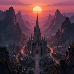 eerie but beautiful lovecraftian eldritch dream city unknown Kadath lay between tall obsidian dark mountains, basked in the magenta-orange light of the sun, bird's eye view, extremely detailed, main cathedral to forgotten gods towering over lazy streets, by Tim White, by Wayne Barlowe, by John Harris, by Alan Lee