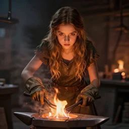 idealistic portrait of a young girl working in a blacksmith's forge, clear eyes, fair skin, beautiful hair, gloves, fantasy art, fire, 8 k digital art, unreal engine, far away, in the style of greg simkins and h. r. giger,