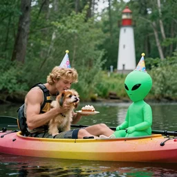 blonde guy, a dog and a green alien with birthday hats, on a kayak in a forest, eating cake with a lighthouse in the background