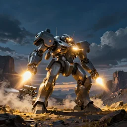 armored core v by liam wong, navigation light, booster flares, laser rifle, smoke, karst landscape, outdoor, dark blue sky, clouds, wilderness ground, golden time, twilight ; wide shot, digital painting, photoreal, cinematic contrast, dynamic backlighting, sharp edge, motion blur