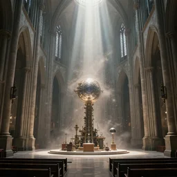 a machine!! that can reset the universe inside an empty! cathedral. sense of awe, hard science, light rays, suspended dust, establishing shot, concept art, digital art by greg rutkowski, intricate details