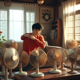 wide shot of asian couple hugging at each other, sitting in rural living room, group of table fans placing around the room, day light, colorful mood, high details, octane render, 8 k, digital illustration by kyuyong eom, artstation behance pinterest