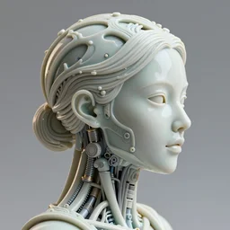 complex 3d render ultra detailed of a beautiful porcelain profile woman face, mechanical vegetal cyborg, 150 mm, beautiful natural soft light, rim light, Alexander Mcqueen haute couture, silver gold details, surreal portrait, magnolia big leaves and stems, roots, fine foliage lace, mesh wire, intricate details, hyperrealistic, mandelbrot fractal, anatomical, red lips, silver metal armor, facial muscles, cable wires, microchip, elegant, white background, octane render, H.R. Giger style, 8k