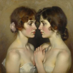 portrait profile of two beautiful women in 1 9 7 8, oil painting by john watkiss