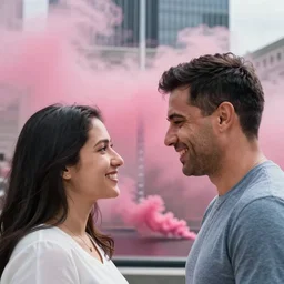 a close up of a smiling couple of parents to be, in front of 9 / 1 1 with pink smoke, 1 2 0 mm, clear details, award winning