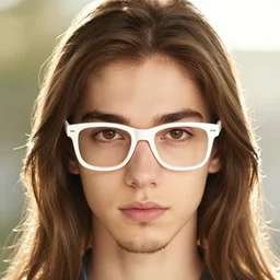 highly detailed vfx portrait of a brown long hair centre parting pretty german boy with brown eyes and white! glasses and very short goatee by hidari, wenjun lin, alphonse mucha, sakimichan, sharp focus, art by artgerm and greg rutkowski!, backlit, harsh overhead sunlight,