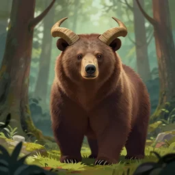 a mythical bear in a forest, digital art, horns