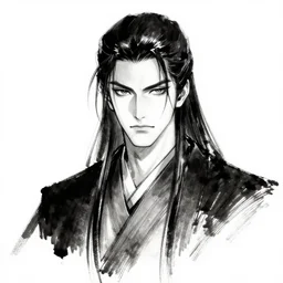 vampire male samurai with long hair, character portrait, ink drawing, black and white, concept art by tim bradstreet