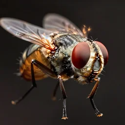 close up photo of a human head on the body of a housefly