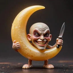 vinyl designer toy, character head shaped as crescent, with hands and legs growing from head, creepy smiling evil face with wrinkles, holds a small knife in hand