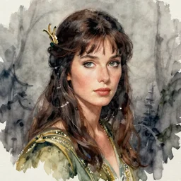 a realistic and atmospheric watercolour fantasy character concept art portrait of a young jane fonda in her 2 0 s as a druidic warrior wizard looking at the camera with an intelligent gaze by rebecca guay, michael kaluta, charles vess and jean moebius giraud