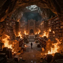 Raiders burn a vast library in a cavern, fantasy, wide shot, trending on artstation