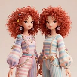 red curly haired twins wearing striped clothes:: by Martine Johanna and Chie Yoshii and Casey Weldon:: ornate, dynamic, particulate, pastel colors, intricate, elegant, highly detailed, centered, artstation, smooth, sharp focus, octane render, 3d