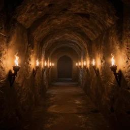 alien dungeon tunnel with lined up torches on the wall, 8 k photography, detailed, dark
