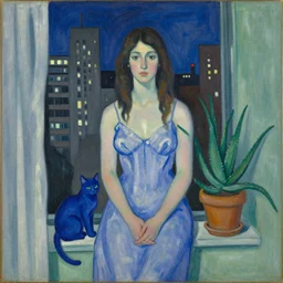 portrait of woman in night gown, blue cat and aloe house plant with brutalist city at night seen from a window frame with curtains. agnes pelton, giorges de la tour, bonnard, henri de toulouse - lautrec, utamaro, matisse, monet