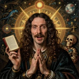 a wickedly hilarious jean giraud work of art of timothy leary in the style of a renaissance masters portrait, mystical and new age symbolism and tibetan book of the dead imagery