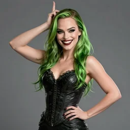 vampire Margot Robbie, green hair, evil smile, realistic character concept, medium shot, fun pose, comic book, illustration, slender symmetrical face and body, artstation, cinematic lighting, hyperdetailed, cgsociety, 8k, high resolution, Charlie Bowater, Tom Bagshaw, single face, insanely detailed and intricate, beautiful, vfx, postprocessing