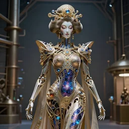 a incredible elegant hollow bionic art nouveau alien galaxy japanese queen superhero, with ornate jewelled, sci - fi, high - tech, the met museum, streamlined, futuristic, spot lighting, led, photorealistic, high detailed, concept art, exquisite aristocratic, industrial factory by leonardo da vinci rendered in octane 8 k