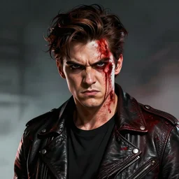 portrait of markiplier with an angry expression, blood covering his face, wearing a leather jacket, dramatic lighting, illustration by Greg rutkowski, yoji shinkawa, 4k, digital art, concept art, trending on artstation