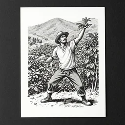 illustration portrait of a coffee farm, octane render, vray, dynamic pose, detailed, matte print, grainy light, ( ( dot shaded ) ), risograph, high contrast, screen print